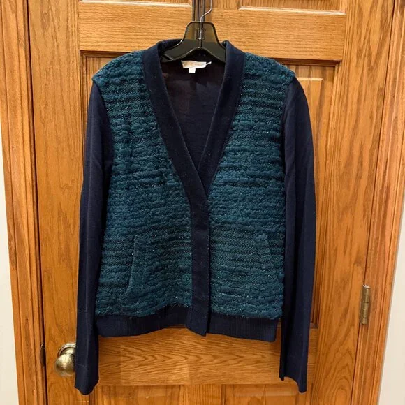 Tory Burch Cardigan Sweater Jacket in Tory Navy/Conifer Green, XL - Picture 1 of 4
